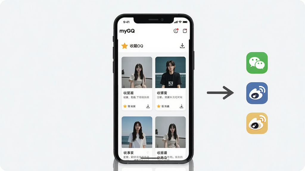 一张展示离线收藏与分享功能的图片,主体为手机屏幕显示myGQ收藏夹界面,屏幕内排列多张已收藏文章卡片,布局为手机居中、旁边有分享箭头指向社交图标,排版体现收藏与分享操作,风格为清爽扁平化设计,细节包括“myGQ”应用名称、收藏星标、微信微博图标、下载箭头,画质高清,干净,无多余元素