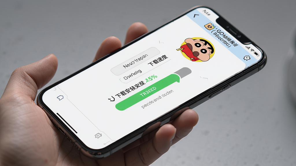 一张AI生成的图片,画面主体为一只手拿着手机,手机屏幕显示蜡笔小新:GO港台服安装器的自动安装进度界面,布局为斜角透视展示,排版简洁,风格为科技感与卡通融合,细节包含下载速度、进度百分比和蜡笔小新头像图标,画质高清,干净,无多余元素