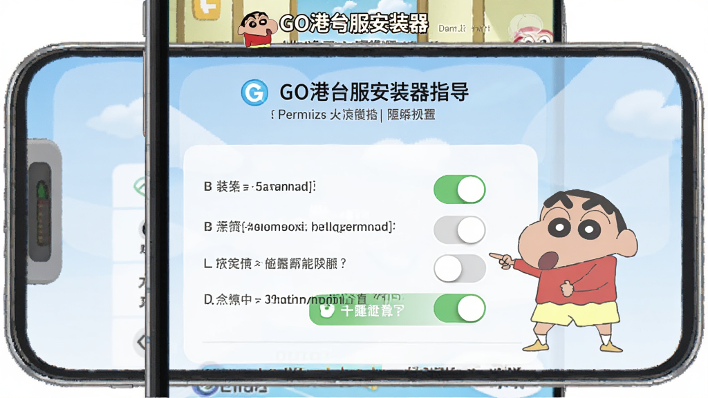 一张AI生成的图片,画面主体为手机屏幕上显示蜡笔小新:GO港台服安装器的权限设置引导页面,布局为竖屏手机界面展示,排版清晰,风格为扁平化教程风格,细节包含权限开关、提示文字和蜡笔小新指引图标,画质清晰,干净,无多余元素