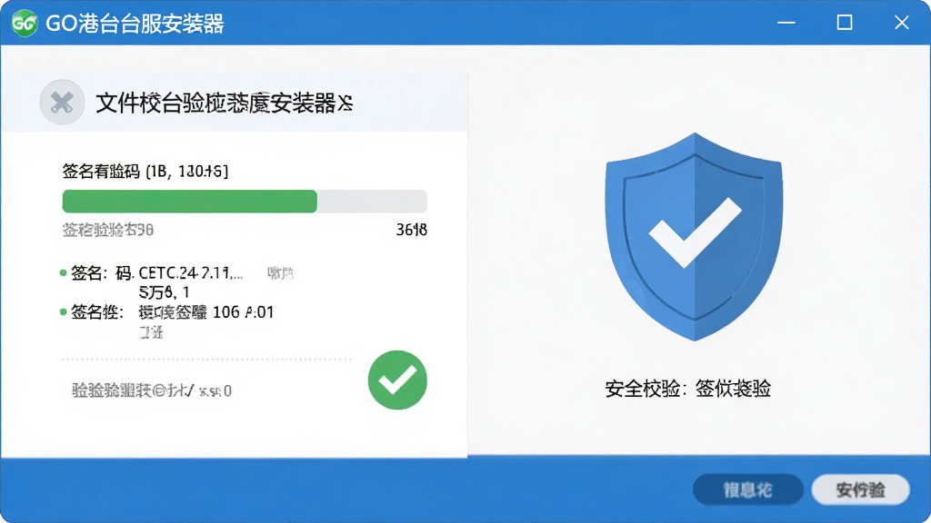 一张AI生成的图片,画面主体为蜡笔小新:GO港台服安装器的安全校验界面,布局为左右分栏,左侧展示文件校验进度,右侧展示安全盾牌图标,风格为简洁清爽的扁平化设计,细节包含校验码、签名信息和绿色安全标识,画质清晰,干净,无多余元素