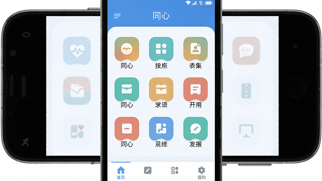 同心应用主界面展示,主体为一部安卓手机屏幕,屏幕内显示同心APP的首页布局,顶部为应用名称“同心”,中部为功能图标网格,底部为导航栏,布局居中,排版简洁,风格为扁平化现代科技风,细节包含圆角图标、浅色背景、清晰文字,画质高清,干净,无多余元素