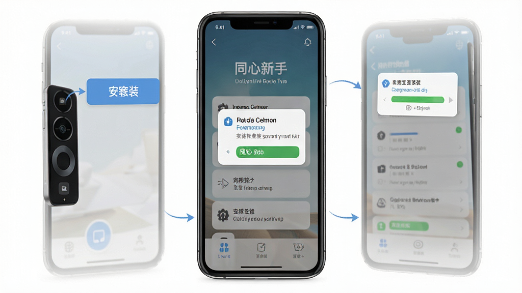 同心新手安装步骤图,主体为手机屏幕显示安装界面,布局为上下步骤排列,排版清晰,风格为教程风,细节包含安装按钮、权限弹窗、进度条,画质高清,干净,无多余元素