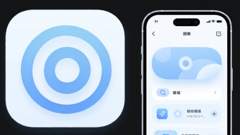 同心应用轻量设计概念图,主体为同心APP图标与手机界面组合,布局为左侧图标右侧界面,排版横向展开,风格为简约清新,细节包含柔和阴影、浅蓝配色、圆角元素,画质高清,干净,无多余元素