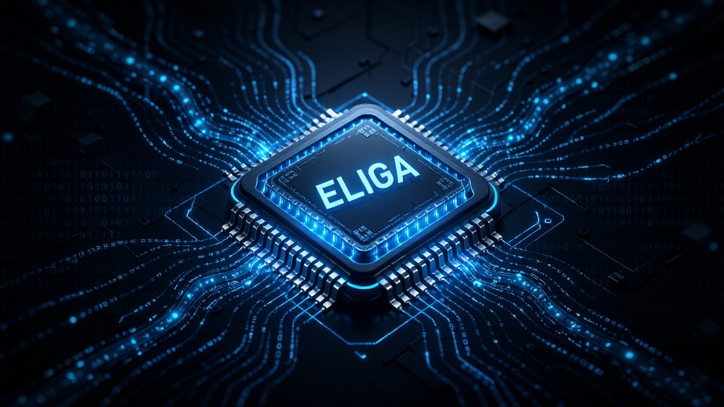 ELIGA智能核心引擎概念图,主体为发光的数字芯片与数据流,布局以芯片为中心向外辐射,排版对称,风格科技感十足,细节包含二进制代码与蓝色光效,画质高清,干净,无多余元素