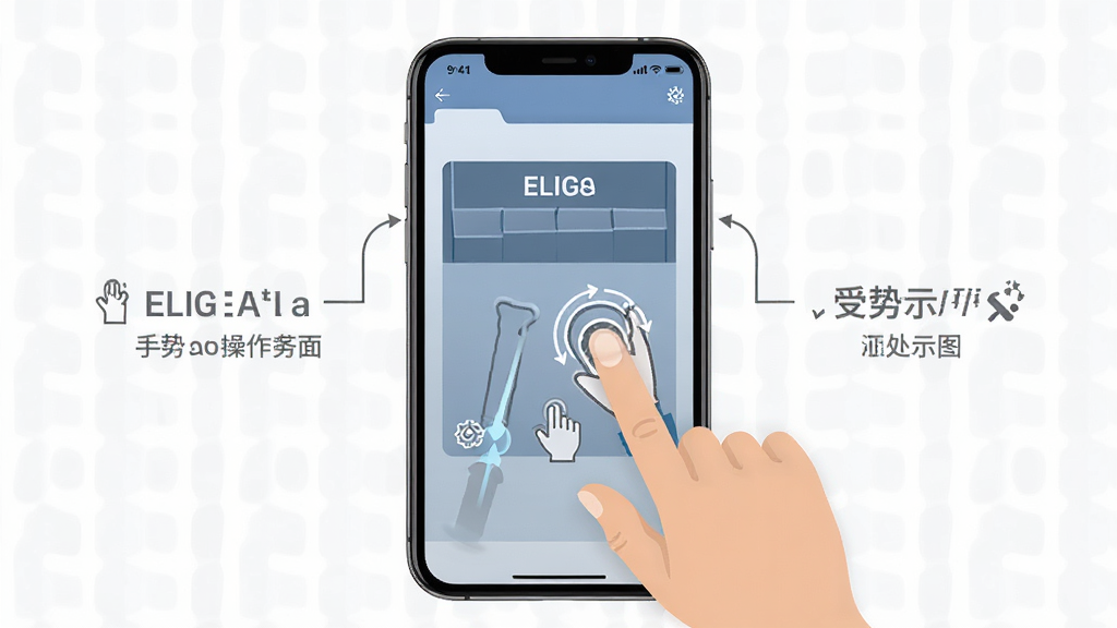 ELIGA操作界面与手势示意图,主体为手机屏幕展示触控操作,布局居中,排版清晰,风格扁平化,细节包含手指点击与滑动轨迹,画质高清,干净,无多余元素