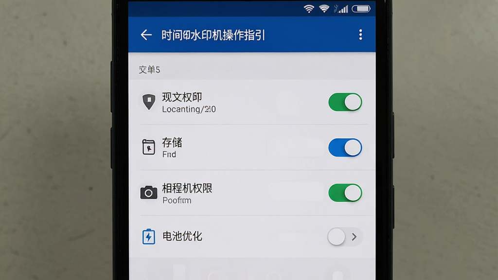 定制时间水印相机操作指引图,主体为安卓手机屏幕展示权限设置页面,布局为上下结构上方标题下方权限开关列表,排版清晰,风格为系统设置界面写实风,细节包含定位权限开关、存储权限开关、相机权限开关、电池优化选项,画质为高清UI截图风格,画面干净无多余元素。