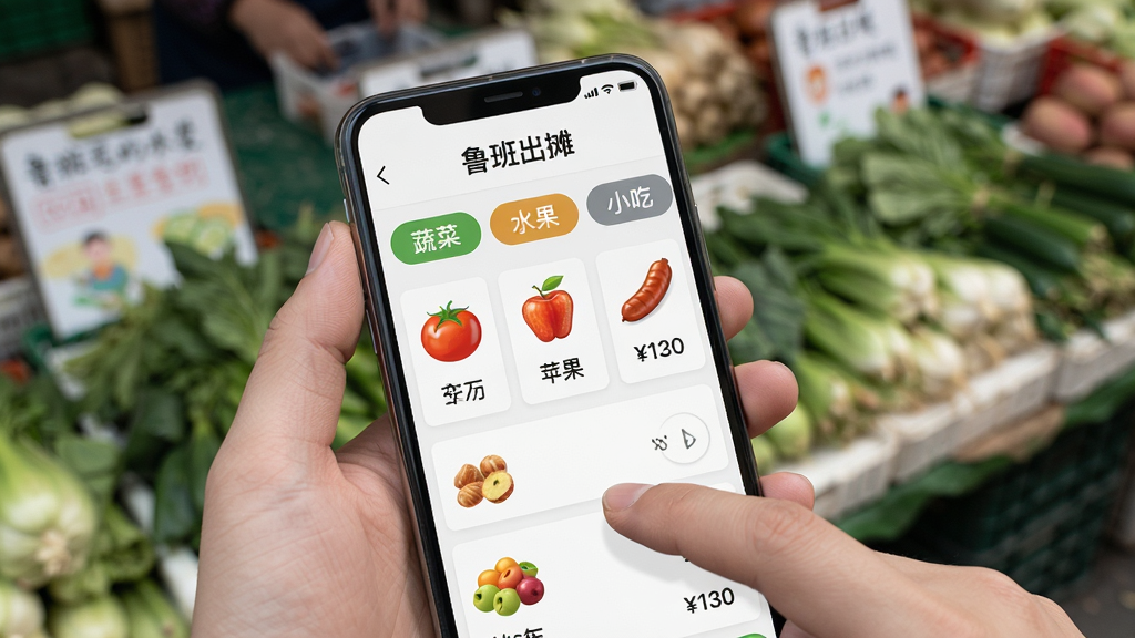 画面主体为一只手拿着手机,手机屏幕显示“鲁班出摊”商品登记页面,页面中有蔬菜、水果、小吃三个分类标签,下方列出番茄、苹果、烤肠等商品条目与价格,布局采用近景俯拍,手机位于画面下方三分之一处,背景为模糊的菜市场摊位桌面,风格为写实生活摄影,细节包含手指点击屏幕的动作、商品图标、价格数字,画质为4K高清,画面干净,无多余元素。