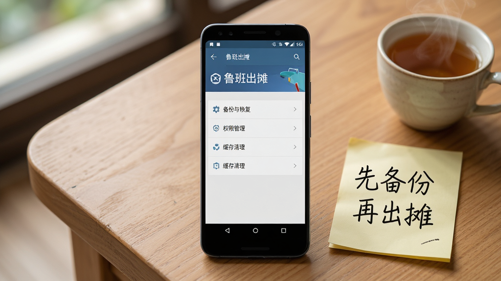 画面主体为一部安卓手机屏幕显示“鲁班出摊”设置页面,页面中有备份与恢复、权限管理、缓存清理等选项,手机旁边放着一张手写便签写着“先备份再出摊”,布局采用中心构图,手机位于画面中央,背景为木质桌面与一杯茶,风格为写实生活摄影,细节包含屏幕文字、便签笔迹、茶杯热气,画质为4K高清,画面干净,无多余元素。