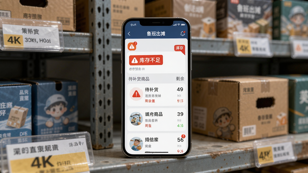 画面主体为手机屏幕显示“鲁班出摊”库存预警页面,页面中红色提醒标签标注“库存不足”,下方列出待补货商品名称与剩余数量,手机放置在摊位货架旁,布局采用中心构图,手机位于画面中央,背景为整齐摆放的货架与商品包装盒,风格为写实产品摄影,细节包含预警图标、数字角标、货架标签,画质为4K高清,画面干净,无多余元素。