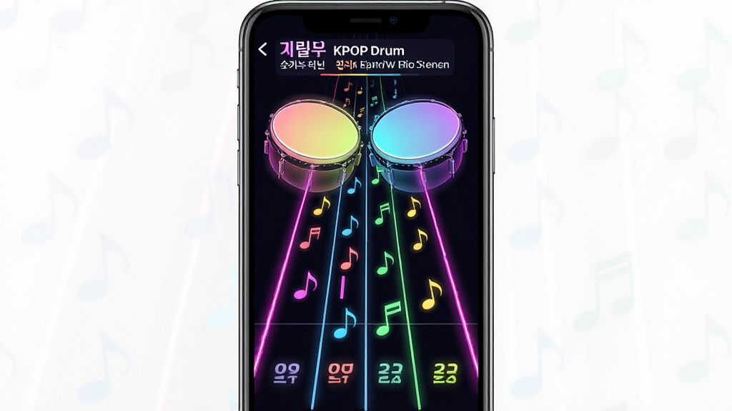 一张手机屏幕展示KPOP Drum应用界面的预览图,画面主体为亮色鼓面与彩色音符下落轨道,布局采用竖屏手游常见样式,排版简洁清晰,风格为K-POP流行音乐主题,细节包含霓虹色光效、韩文与英文曲目名称、打击判定文字,画质高清,干净,无多余元素