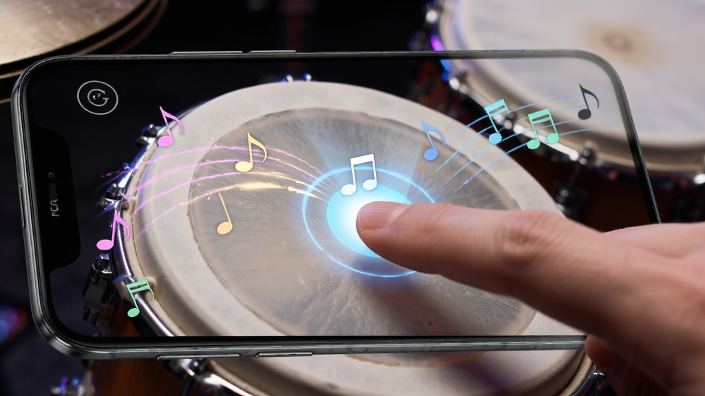 KPOP Drum 安卓手机运行画面,主体为手指点击鼓面的特写,布局为近景视角,排版突出触控交互,风格为活力潮流,细节包含屏幕光效、音符轨迹、手机边框,画质清晰,干净,无多余元素