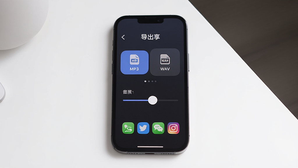 一部手机屏幕显示造音App的导出分享界面,屏幕上有MP3和WAV格式选项以及音质选择滑块,下方有分享到社交平台的图标按钮,背景为干净的白色桌面,风格柔和圆角,画质清晰,无多余元素
