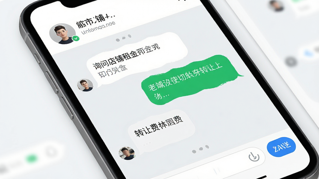 吉市找铺应用内聊天咨询界面展示,画面主体为手机屏幕,屏幕中显示对话气泡,内容为询问店铺租金和转让费的文字,顶部有联系人头像和昵称,背景为浅灰色聊天背景,风格为简洁社交软件UI,细节包含输入框和发送按钮,画质清晰,画面干净,无多余元素