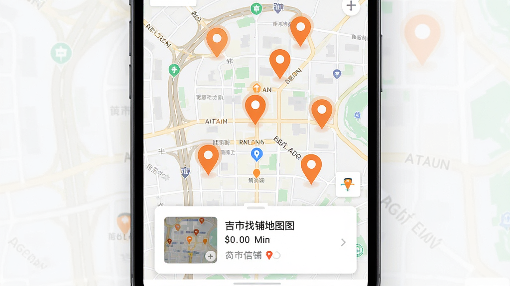 吉市找铺地图找铺功能界面展示,画面主体为手机屏幕显示城市地图,地图上有多个橙色定位标记点,屏幕下方弹出商铺简要信息卡片,背景为浅色地图底色,风格为现代移动应用UI,细节包含道路线条和商圈标注,画质高清,画面干净,无多余元素