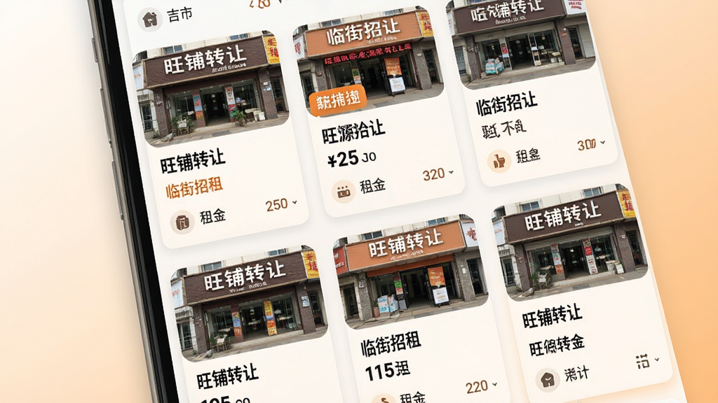 吉市找铺应用内铺源列表页面截图风格展示,画面主体为手机屏幕,屏幕中排列着多张商铺卡片,每张卡片配有店铺实拍小图、标题文字“旺铺转让”“临街招租”以及租金数字,背景为白色与浅橙色渐变,风格为扁平化UI设计,细节包含清晰的图标和分类标签,画质清晰,画面干净,无多余元素