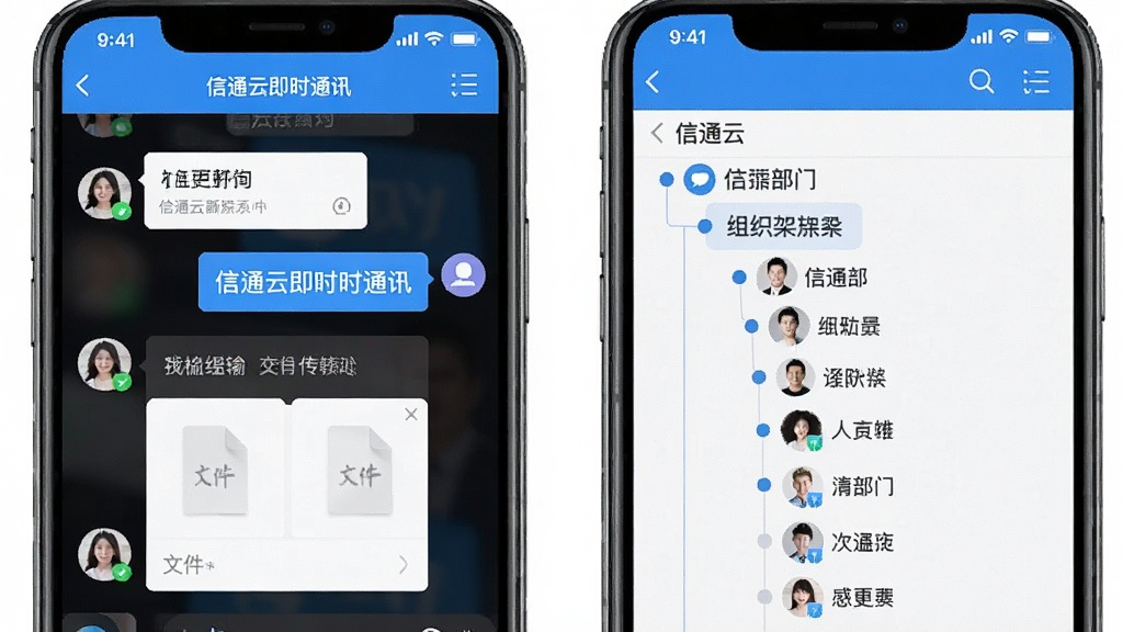 信通云即时通讯界面,画面展示手机聊天窗口与组织架构列表并列布局,聊天窗口中有文字气泡和文件传输卡片,组织架构树清晰展开显示部门与人员头像,整体风格清爽现代,蓝白配色,细节丰富,画质干净,无多余元素