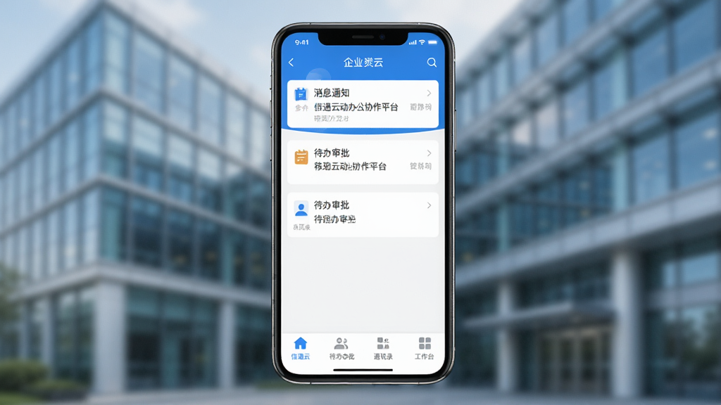 信通云移动办公协作平台主界面,画面中央展示手机屏幕,屏幕内呈现蓝色与白色搭配的企业办公应用首页,包含消息通知、待办审批、通讯录、工作台四个底部导航图标,背景为现代企业办公楼虚化场景,风格简洁商务,细节清晰,画质干净,无多余元素
