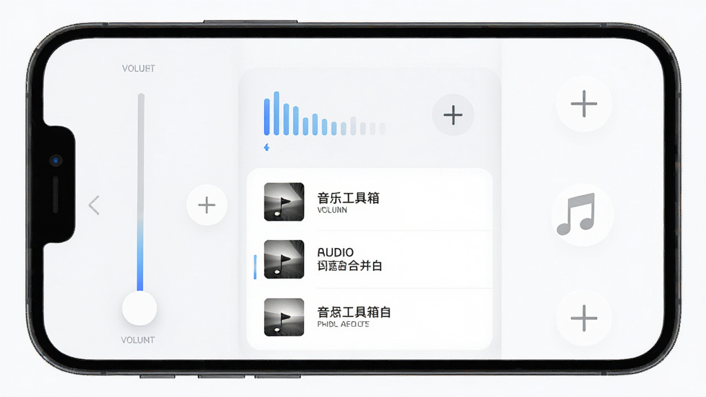 音乐工具箱音量调节和音频合并功能界面,主体为手机屏幕中显示音量滑块和音频文件列表,布局为竖版手机界面,排版简洁,风格为清爽浅色UI设计,细节包括音量柱状图、加号添加按钮、文件排列列表,画质高清 干净 无多余元素