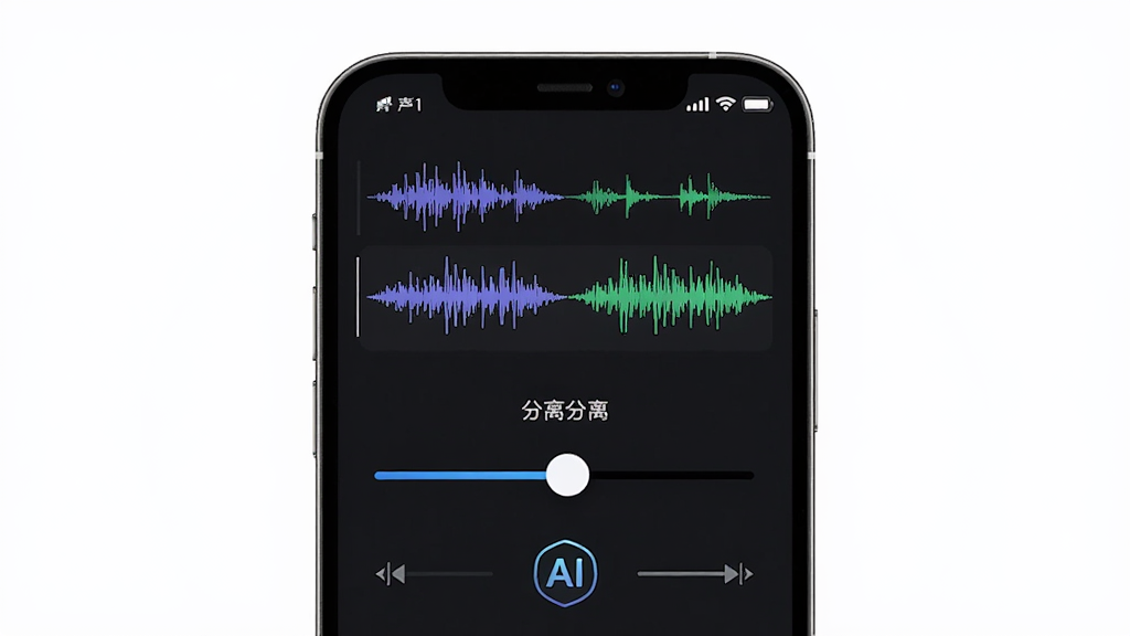 音乐工具箱人声分离功能界面,主体为手机屏幕中显示人声和伴奏分离的滑块调节界面,布局为竖版手机展示,排版对称,风格为现代科技感UI,细节包括人声波形和伴奏波形对比、分离滑块、AI标识,画质高清 干净 无多余元素