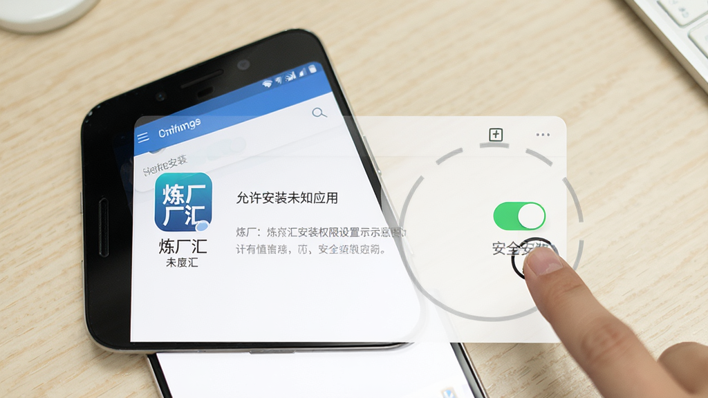 炼厂汇安装权限设置示意图,画面展示一部安卓手机,屏幕显示“允许安装未知应用”的开关界面,旁边有手指点击的示意,背景为干净的浅色桌面,风格为手机操作教程图,细节清晰,画质干净,无多余元素,图中包含“炼厂汇”应用图标和“安全安装”文字