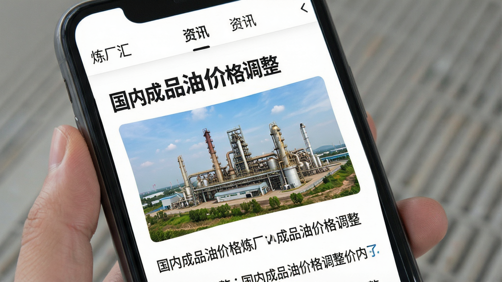 炼厂汇行业资讯阅读界面,手机屏幕显示一篇标题为“国内成品油价格调整”的文章,配有一张小型炼厂远景图,文字排版清晰,背景为白色,风格为新闻阅读类应用界面,细节干净,画质清晰,无多余元素,顶部导航栏显示“炼厂汇”和“资讯”字样