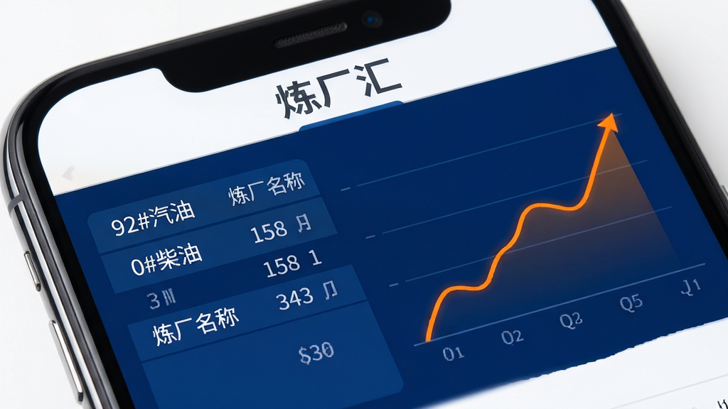 炼厂汇实时油价数据看板界面,主体为手机屏幕特写,屏幕内显示表格与折线图,表格列有“92#汽油”“0#柴油”“炼厂名称”等字段,折线图呈上升趋势,配色为深蓝底色配亮橙色数据线,背景干净白色,风格为商务数据可视化,细节锐利,画质清晰,无多余元素,屏幕上方有“炼厂汇”文字标识