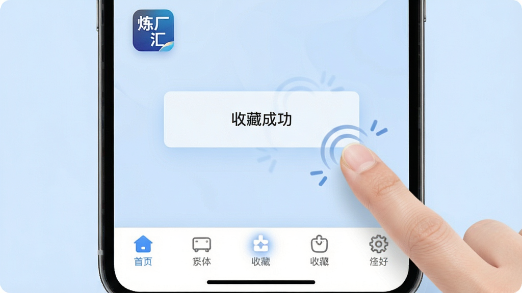 炼厂汇移动端操作界面,展示手机底部导航栏与收藏功能,屏幕中显示“收藏成功”的轻提示,周围有手指点击的示意动效,背景为柔和的浅蓝色,风格为现代移动应用交互展示,细节清晰,画质干净,无多余元素,界面中可见“炼厂汇”应用图标