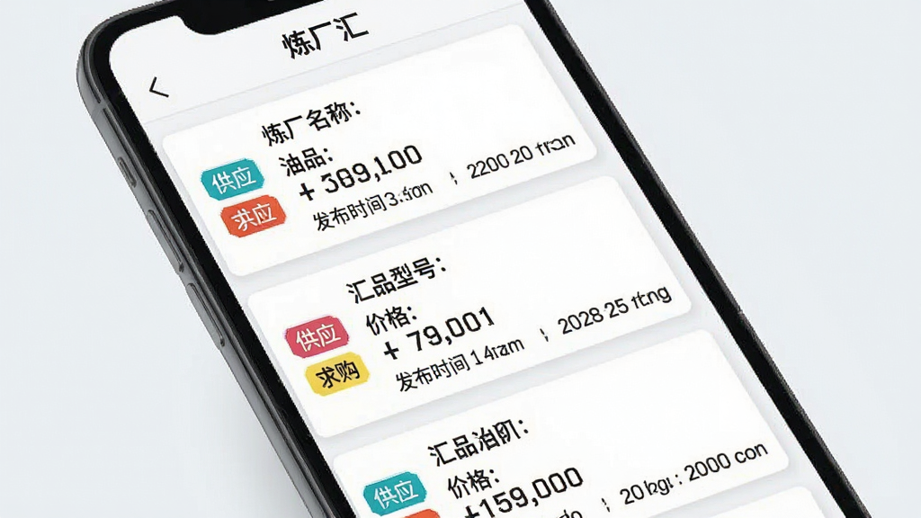 炼厂汇供需信息列表页面,手机屏幕显示多条卡片式报价信息,每张卡片包含炼厂名称、油品型号、价格数字、发布时间,卡片左侧有彩色标签区分“供应”和“求购”,背景为浅灰白,风格为移动端卡片式UI设计,细节整齐,画质清晰,无多余元素,页面顶部有“炼厂汇”标题