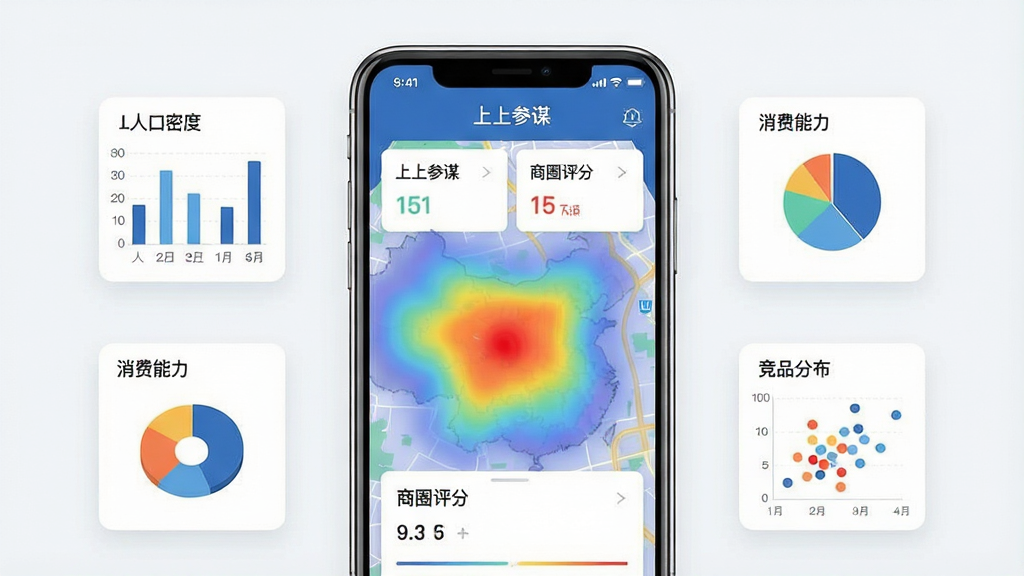 一张手机屏幕展示“上上参谋”APP主界面的场景图,画面中央是手机正面竖屏,屏幕内显示地图热力图与商圈评分卡片,周围环绕小型数据图表图标如人口密度柱状图、消费能力饼图、竞品分布散点图,布局为手机居中、图标环绕四周,排版简洁有序,风格为现代科技感扁平化设计,细节包括手机边框高光、屏幕内文字清晰标注“上上参谋”、地图上彩色热力渐变从红到蓝,画质高清,画面干净,无多余元素