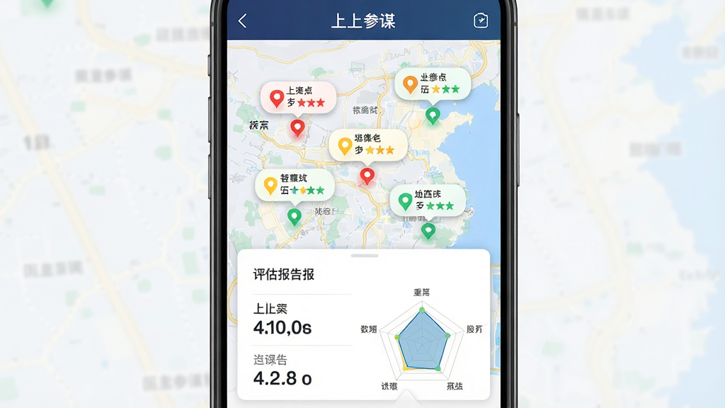 一张展示“上上参谋”智能选址评估功能的界面截图风格图片,画面主体为手机屏幕显示地图上多个候选点位标记与评分气泡,屏幕下方弹出评估报告卡片,布局为手机居中、报告卡片从底部向上展开,排版清晰分层,风格为商务科技风,细节包括地图上红黄绿三色评分标记、报告卡片内数字评分与雷达图、屏幕顶部标注“上上参谋”,画质高清,画面干净,无多余元素