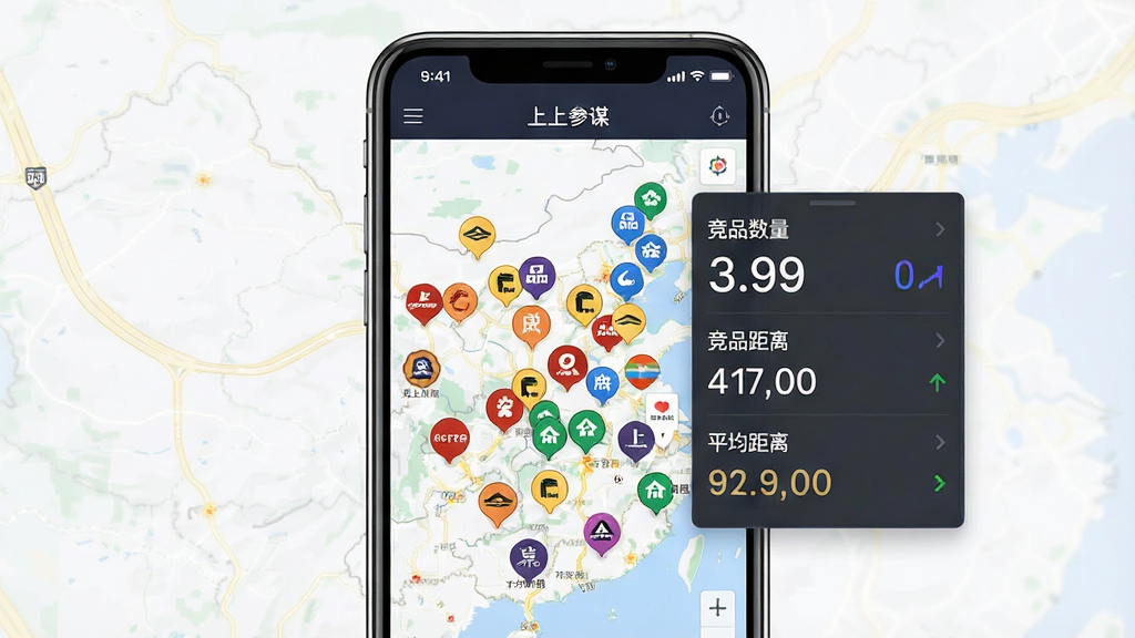 一张展示“上上参谋”竞品分布查询功能的界面示意图,画面主体为手机屏幕显示地图上密集分布的竞品图标与数量统计面板,布局为手机居中、统计面板悬浮于地图右侧,排版紧凑,风格为数据可视化风格,细节包括地图上不同颜色图标代表不同品牌、面板内显示“竞品数量”“平均距离”等文字、屏幕顶部标注“上上参谋”,画质高清,画面干净,无多余元素