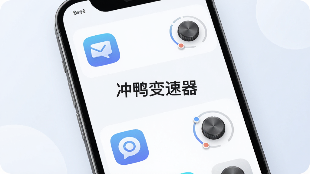 冲鸭变速器应用独立配置界面图,画面展示一个手机屏幕,屏幕内列出多个应用图标,每个图标旁边配有独立的速度调节旋钮,界面中央有“冲鸭变速器”文字标识,风格为现代简约的UI设计风,布局清晰,色彩柔和,细节精致,画质干净