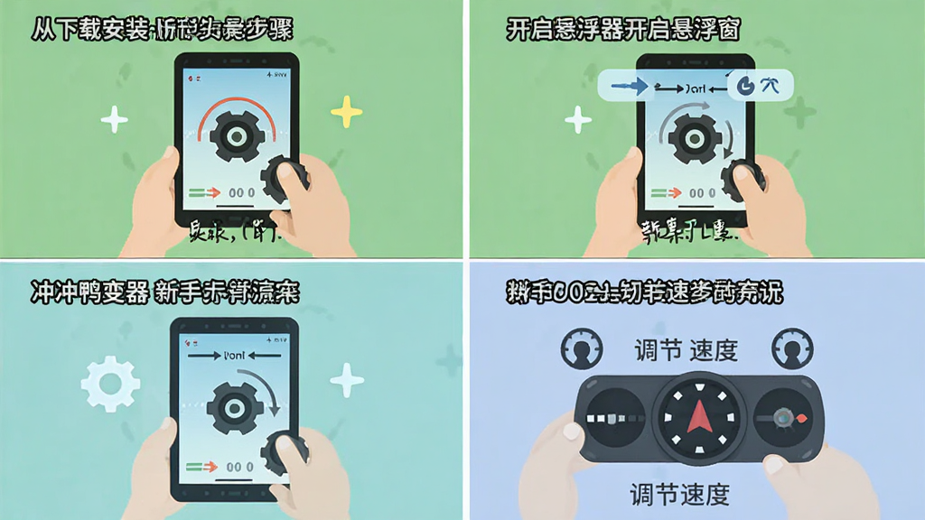 冲鸭变速器新手操作步骤示意图,画面以四格漫画形式展示从下载安装到开启悬浮窗再到调节速度的完整流程,每格配有简洁的图标与文字说明,风格为清新扁平化教程风,布局规整,细节清晰,画质干净,背景为纯色