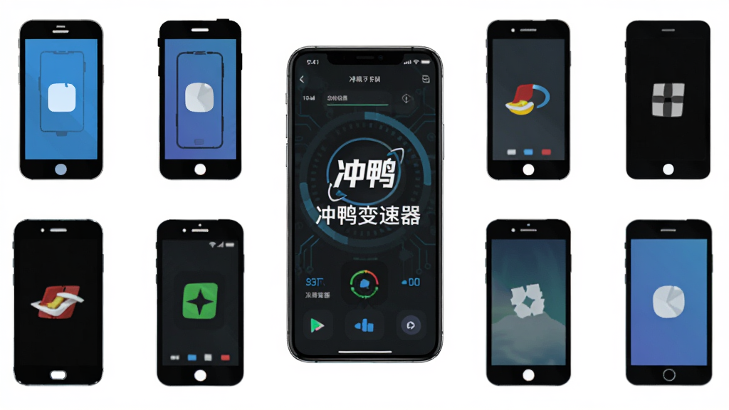 冲鸭变速器兼容性展示图,画面中央是一部智能手机,手机周围环绕着不同品牌机型的轮廓图标,手机屏幕内显示“冲鸭变速器”运行界面,风格为扁平化科技风,布局对称,细节简洁,画质清晰,背景干净