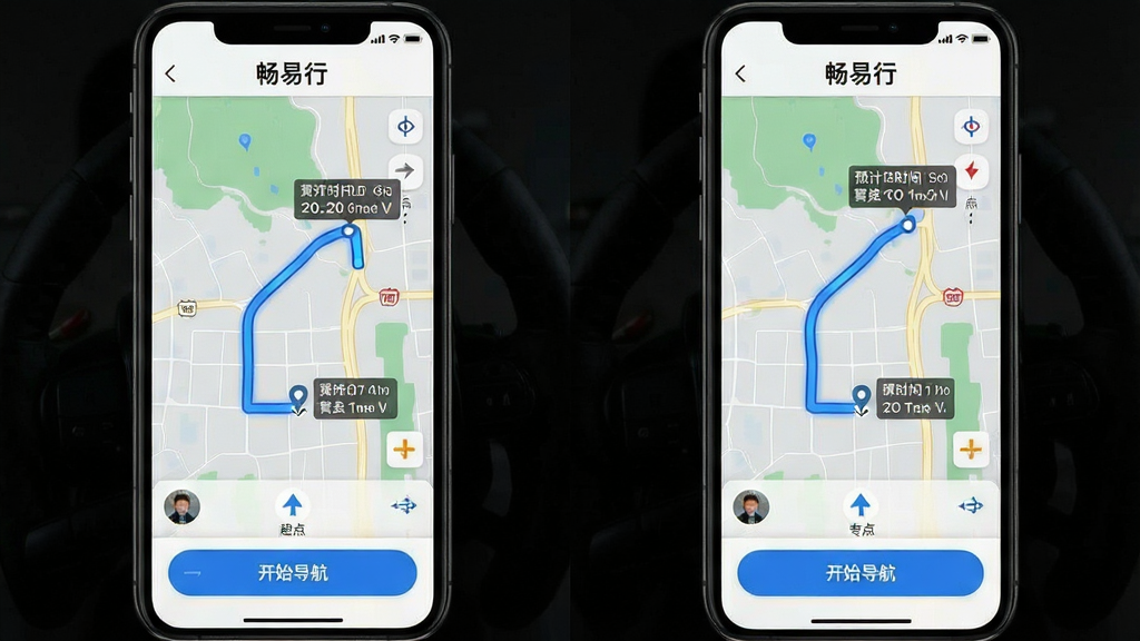 画面为手机屏幕内展示畅易行路线规划界面,地图上标注起点与终点,中间用蓝色高亮路线连接,路线旁显示预计时间和距离信息;背景为简洁地图底图;布局为全屏地图加底部信息卡片;风格为清爽导航风;细节上地图元素清晰,界面顶部有“畅易行”标识,底部有开始导航按钮;画质高清,干净,无多余元素