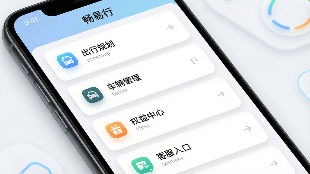 画面主体为一部手机屏幕特写,屏幕内展示畅易行软件的功能聚合页面,页面以卡片形式排列出行规划、车辆管理、权益中心、客服入口等模块;布局为纵向卡片流;排版清晰有序;风格为现代简约科技风;细节上每个卡片带有柔和阴影和图标,界面顶部显示“畅易行”文字标识;画质高清,干净,无多余元素