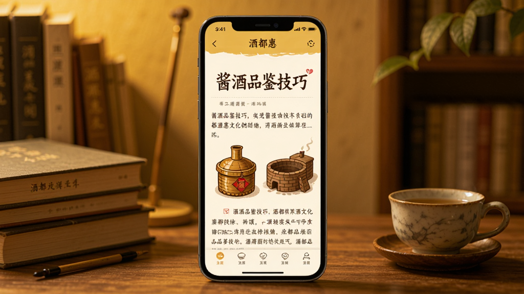 酒都惠酒文化知识页面,手机屏幕显示酒都惠APP文章详情页,标题为酱酒品鉴技巧,正文配有酒甑和窖池插图,画面整体为暖黄色调,背景是书房一角,有书本和茶杯,风格文艺安静,画质清晰,干净,无多余元素