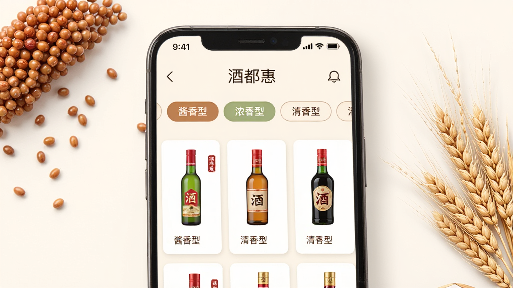 酒都惠香型分类界面,手机屏幕展示酒都惠APP分类页面,页面上有酱香型、浓香型、清香型等标签按钮,下方对应不同酒品卡片,背景为淡雅米白色,旁边点缀高粱和小麦穗,风格清新简约,画质清晰,干净,无多余元素
