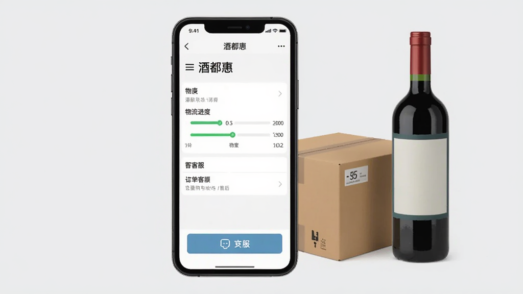 酒都惠订单跟踪与售后界面,手机屏幕展示酒都惠APP订单详情页,页面中有物流进度条和客服入口按钮,背景为浅灰色,旁边放着一个快递纸箱和一瓶酒,风格简洁实用,画质清晰,干净,无多余元素