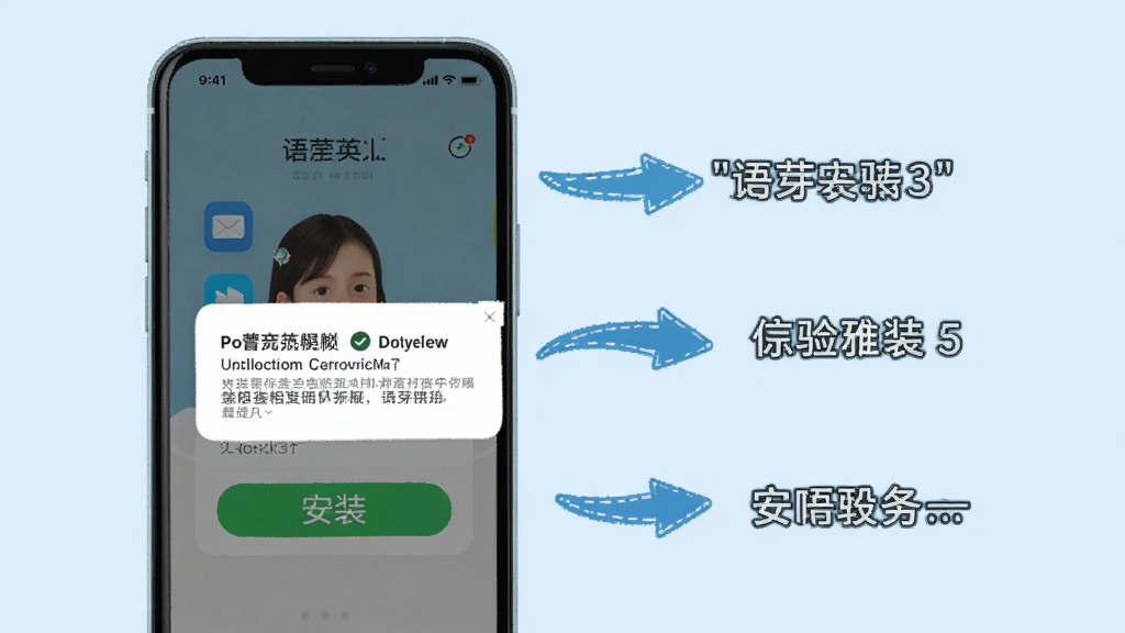 语芽英语安装步骤示意图,画面中一部手机显示安装界面,有“安装”按钮和权限提示弹窗,旁边有箭头指示操作步骤,背景是浅蓝色,风格简洁明了,画质清晰,无多余元素