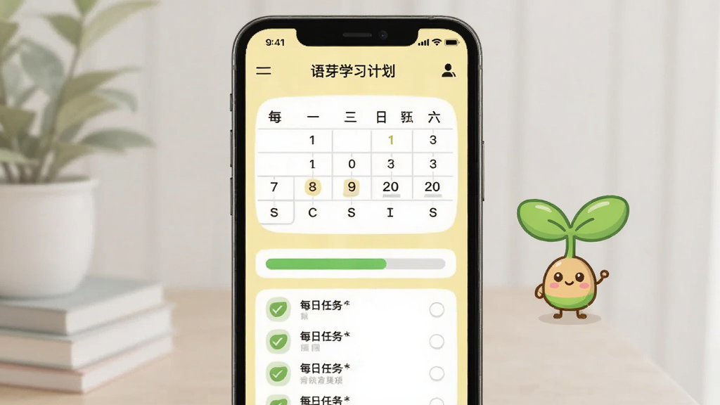 语芽英语个性化学习计划界面展示,手机屏幕显示学习日历和进度条,有每日任务列表,背景是浅黄色,旁边有卡通小芽图标,风格简洁清新,画质清晰,无多余元素