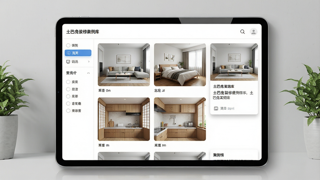 一张展示土巴兔装修案例库的界面图,画面主体为平板电脑屏幕,屏幕内呈现多张装修效果图缩略图,包括现代简约客厅、北欧风卧室和日式厨房,屏幕左侧有筛选分类栏,右侧有案例详情卡片,背景是浅灰色墙面和绿植,布局采用三分法构图,风格干净清爽,细节包括屏幕边框反光和卡片投影,画质高清无多余元素