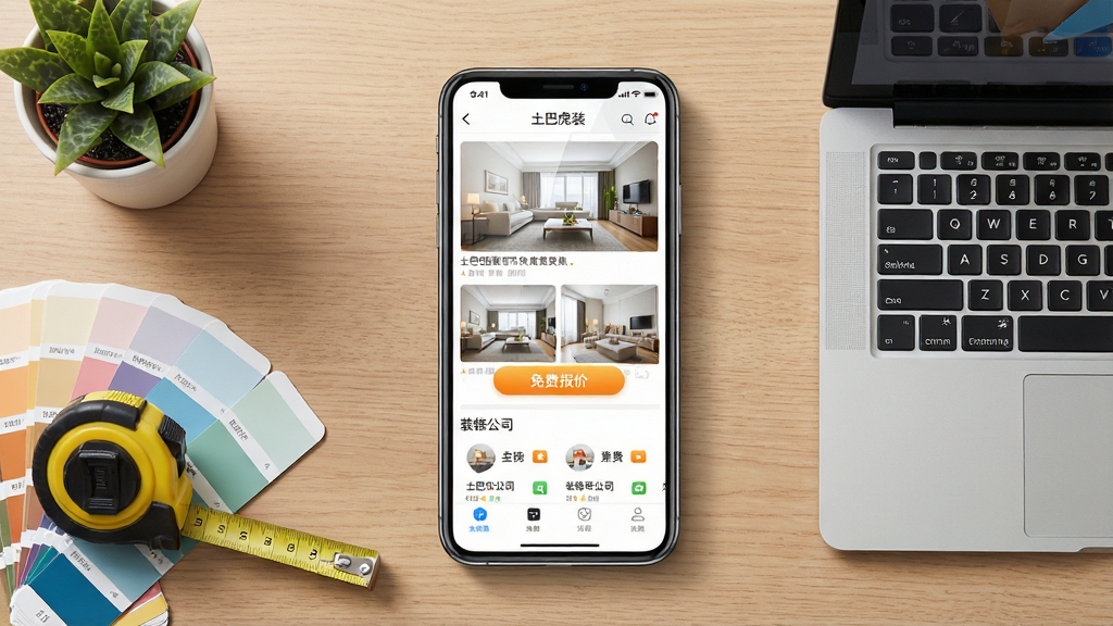 一张展示土巴兔装修应用界面的场景图,画面中央是一部智能手机,屏幕显示土巴兔装修APP首页,包含装修效果图瀑布流、免费报价按钮和装修公司列表,手机周围环绕着卷尺、色卡、小盆栽和笔记本电脑,布局采用中心对称构图,风格清新明亮现代科技感,细节包括屏幕反光、图标阴影和桌面木纹质感,画质高清干净无多余元素