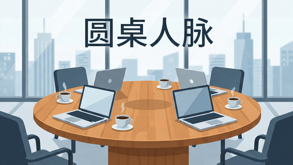 画面中央是一张圆形的木质会议桌,桌面上摆放着几杯咖啡和几台打开的笔记本电脑,背景是明亮的落地窗与城市天际线,整体采用简约商务插画风格,色调以蓝灰与暖木色为主,画面干净整洁,细节清晰,画质高清,无多余元素,图片上方用简洁无衬线字体写出