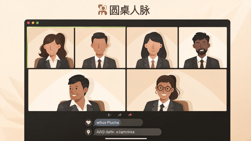 画面描绘一场小型的线上圆桌视频会议场景,六个视频窗口中显示着不同职业人士的头像轮廓,屏幕下方有聊天互动区域,整体采用柔和的暖色调,风格偏向商务扁平插画,布局对称,细节丰富但不过度,画质高清,背景简洁,画面顶部有