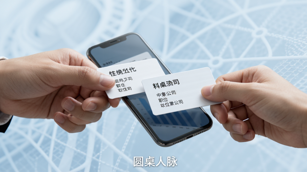 画面展示两只手在手机屏幕上方交换电子名片的瞬间,名片上显示着姓名、公司与职位信息,背景是淡蓝色的抽象商务纹理,整体风格简洁大方,光线柔和,构图聚焦于手部动作与手机屏幕,画质清晰锐利,无多余元素,画面底部有