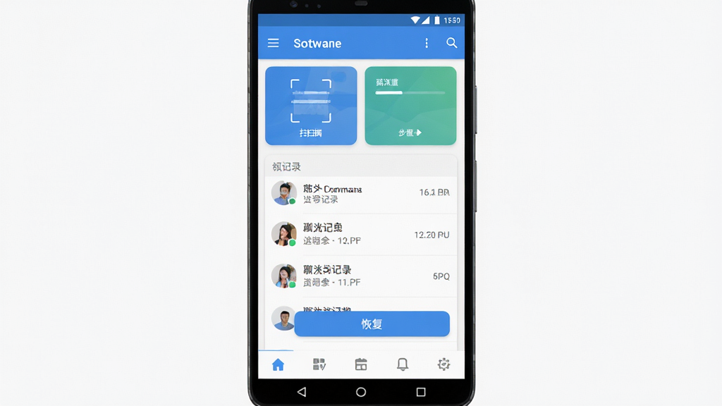 聊天记录信息还原软件主界面预览图,主体为一部安卓手机屏幕展示软件首页,布局为顶部标题栏加中部功能卡片加底部导航栏,排版简洁清晰,风格为现代科技感扁平化设计,细节包含扫描进度条、聊天记录列表、恢复按钮等元素,画质高清,干净,无多余元素