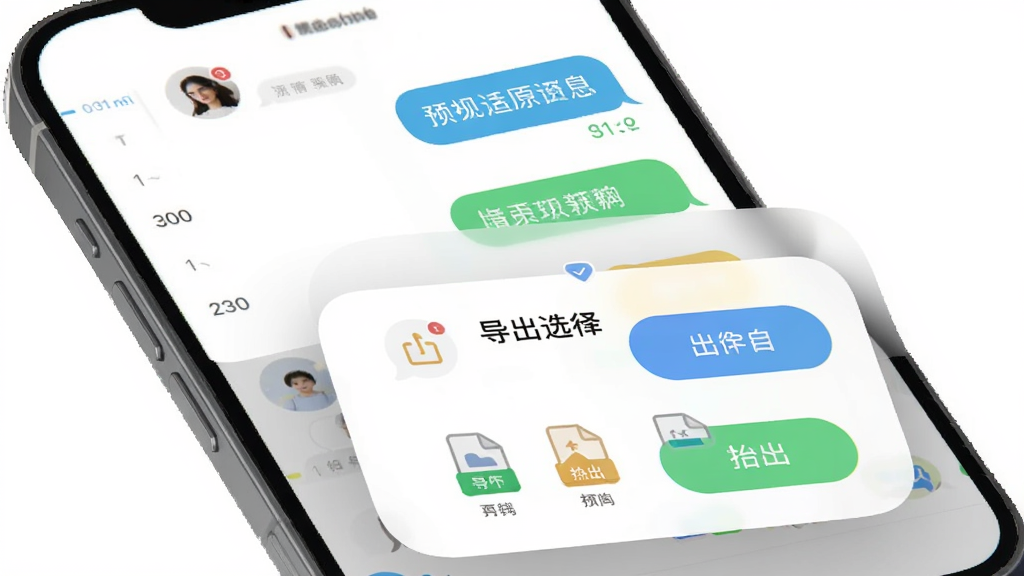 聊天记录信息还原软件预览与导出功能图,主体为手机屏幕展示聊天会话预览界面与导出格式选择弹窗,布局为上层预览下层弹窗,排版紧凑,风格为柔和圆角风,细节包含时间轴、气泡对话框、导出按钮、文件格式图标,画质高清,干净,无多余元素