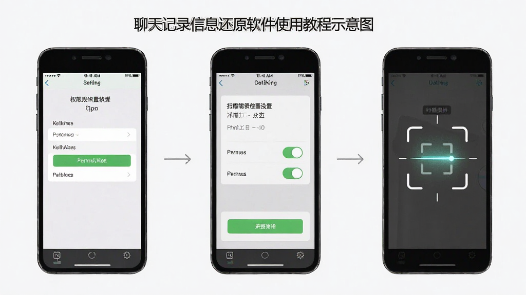 聊天记录信息还原软件使用教程示意图,主体为手机屏幕展示权限设置步骤与扫描操作流程,布局为分步截图排列,排版清晰,风格为简约教程风,细节包含设置界面、权限开关、扫描按钮、进度提示,画质高清,干净,无多余元素