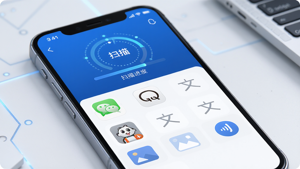 聊天记录信息还原软件深度扫描功能展示图,主体为手机屏幕显示扫描进度与数据分类列表,布局为上下结构上方扫描动画下方分类标签,排版整齐,风格为蓝色科技风,细节包含微信图标、QQ图标、文本图标、图片图标、语音图标,画质高清,干净,无多余元素